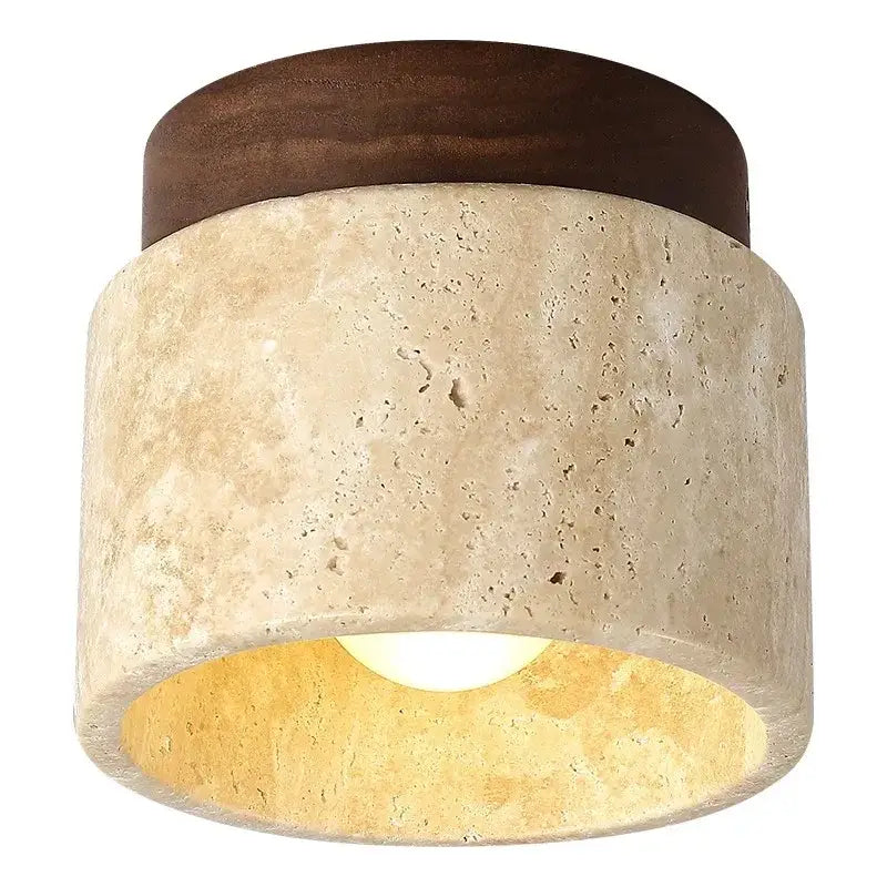 DecorBites™ yellow marble ceiling light with rustic dark wood top and textured beige stone body for home or commercial use