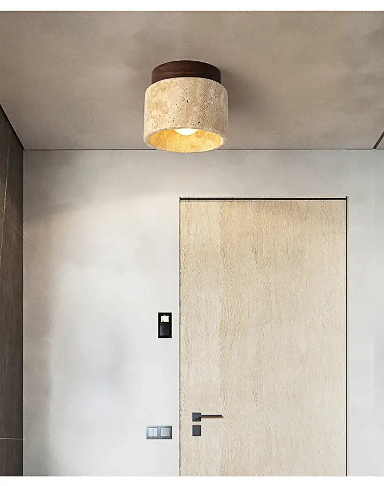 DecorBites™ yellow marble ceiling light with a textured beige stone body and dark brown wooden top for home or commercial use