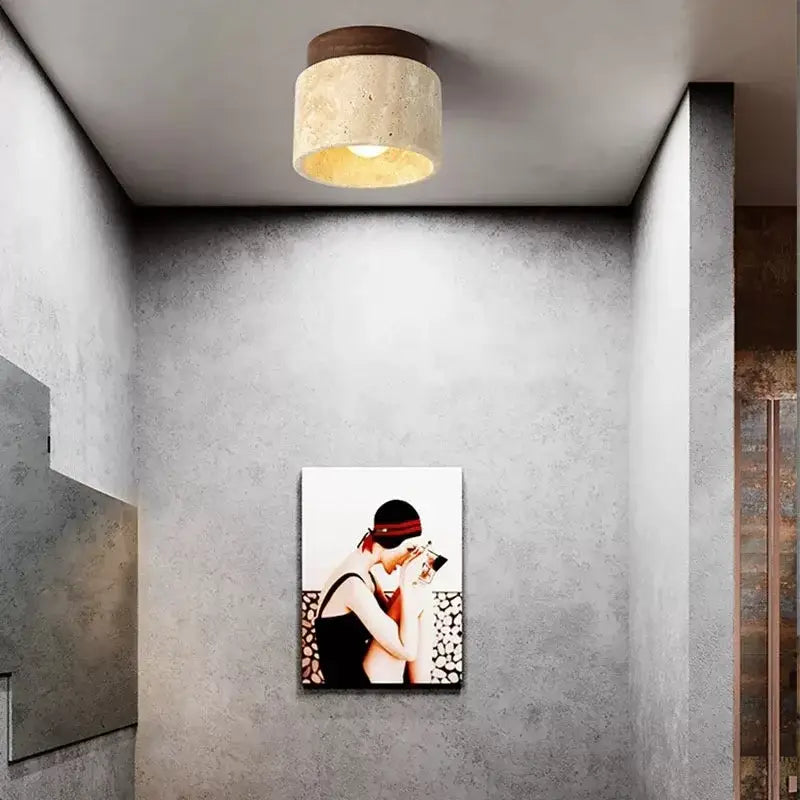 DecorBites™ yellow marble ceiling light with concrete texture, warm glow, and dark wooden top for home or commercial spaces