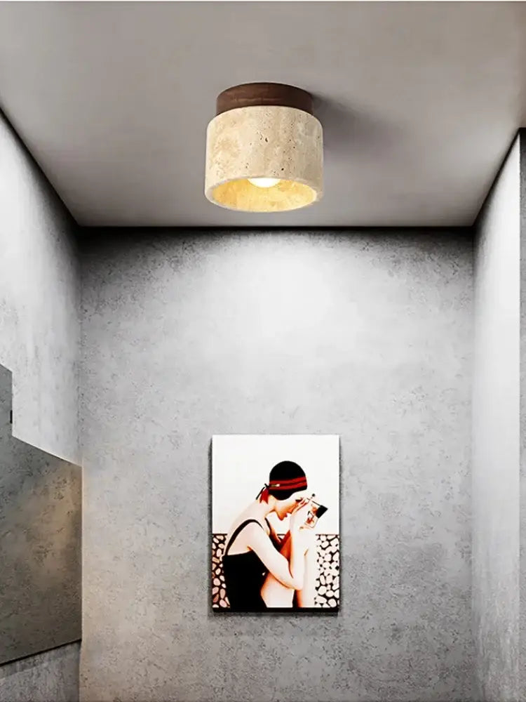 Decorbites™ yellow marble ceiling light with textured off-white concrete body and dark wooden top for home or commercial use