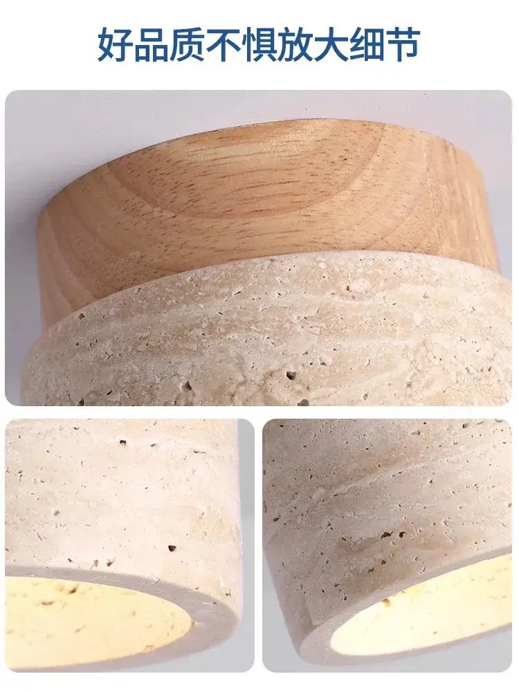 Minimalist two-tiered wall sconce with warm wood top and beige concrete base for decorbites™ yellow marble ceiling light