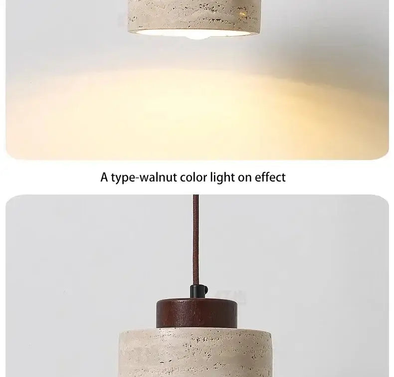 DecorBites Yellow Stone LED pendant chandelier with rustic concrete body and warm walnut glow in retro Nordic style