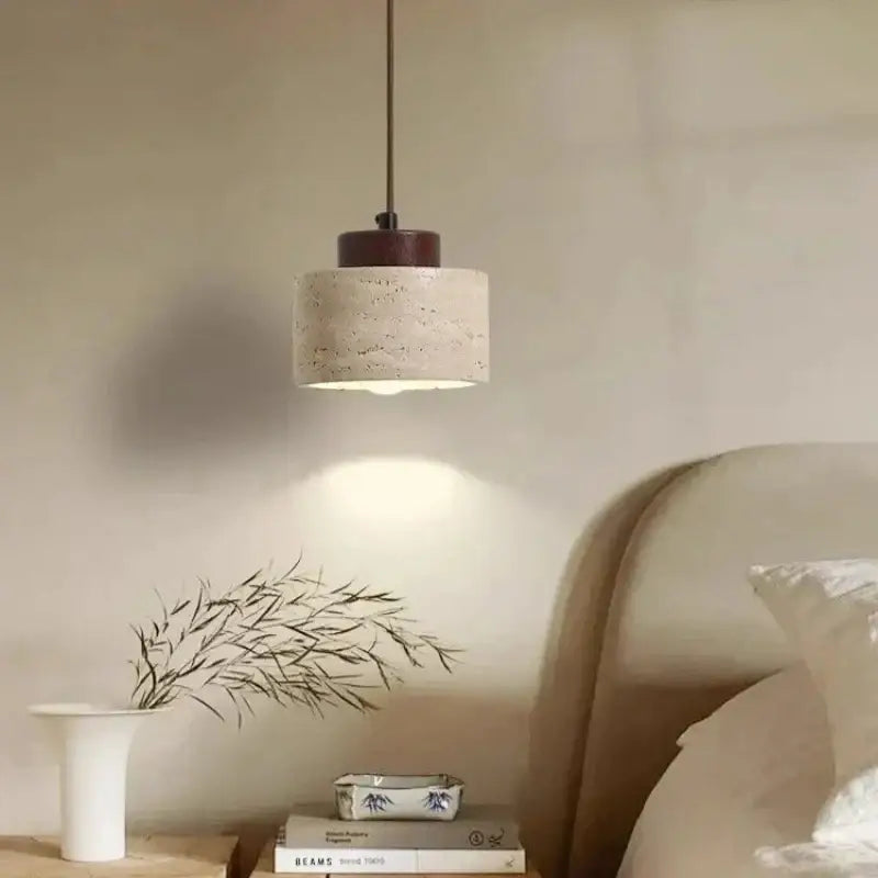 Decorbites™ yellow stone led pendant chandelier with off-white textured concrete shade and dark brown wooden top