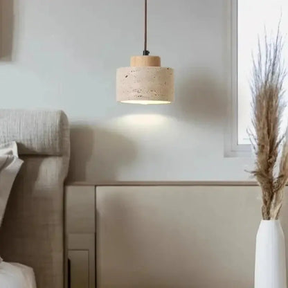 DecorBites yellow stone led pendant chandelier features a minimalist cylindrical cork shade with wooden top and dark cord