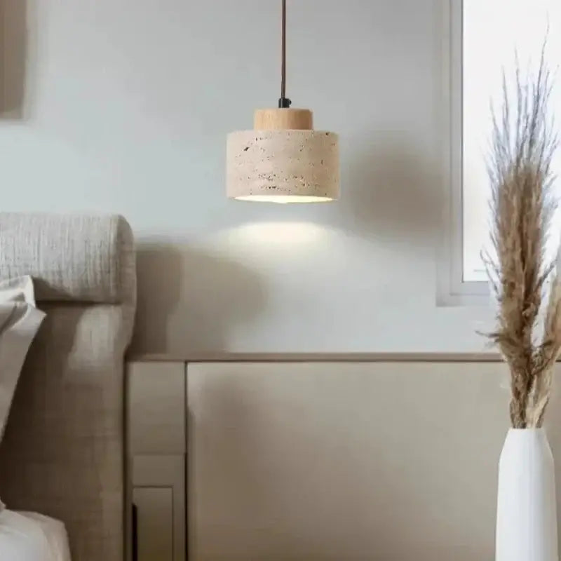DecorBites yellow stone led pendant chandelier features a minimalist cylindrical cork shade with wooden top and dark cord