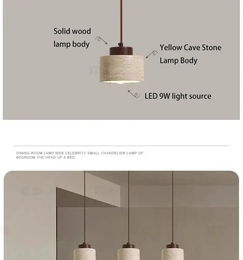 Decorbites™ yellow stone led pendant chandelier with textured cave stone body and solid wood top retro nordic style