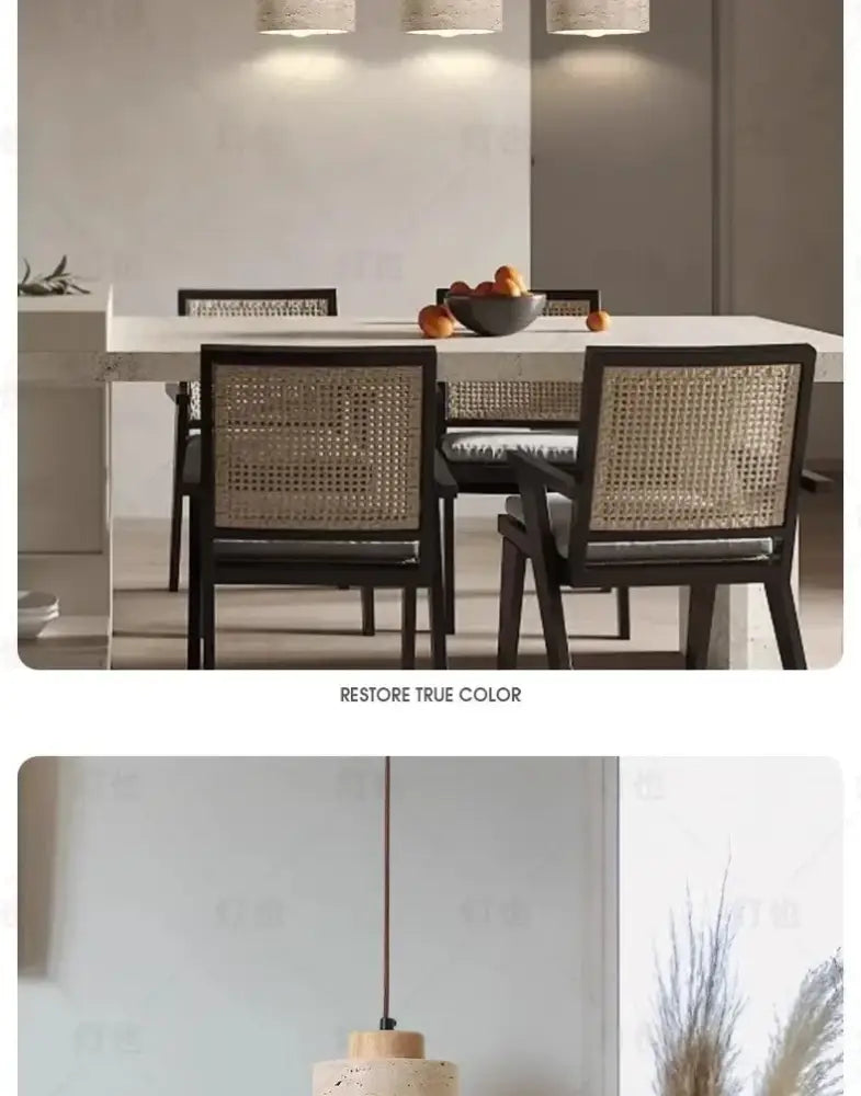 Modern dining set with dark wooden frames and woven cane backs under decorbites yellow stone led pendant chandelier