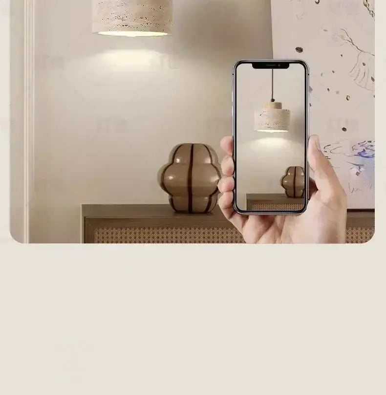 DecorBites yellow stone led pendant chandelier with modern textured concrete shade and wooden base in retro Nordic style