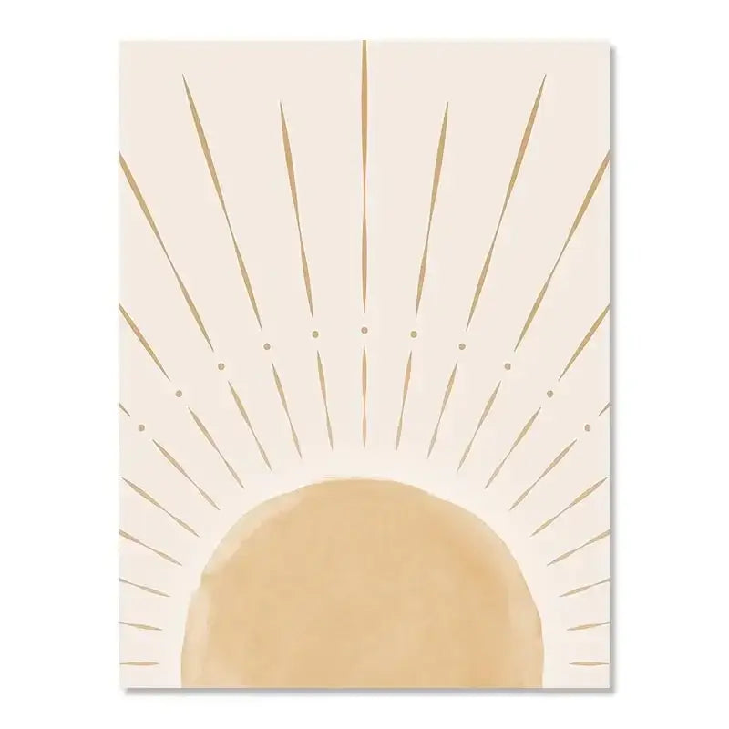 Beige and gold minimalist sun rising horizon wall art by DecorBites™ featuring elegant sunburst design