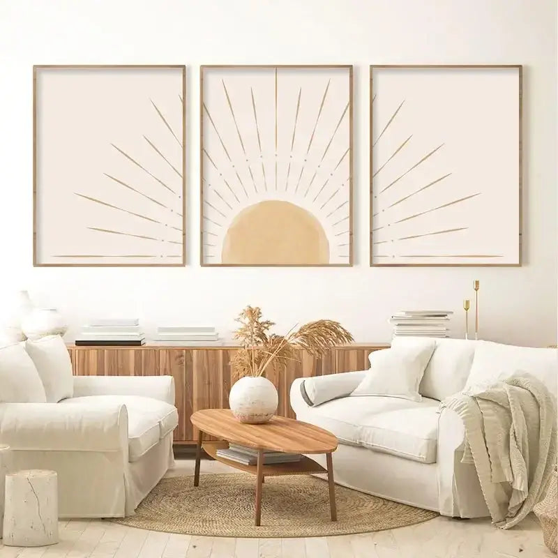 Decorbites™ yellow sun rising horizon wall art triptych with beige and gold sunburst design framed in light wood