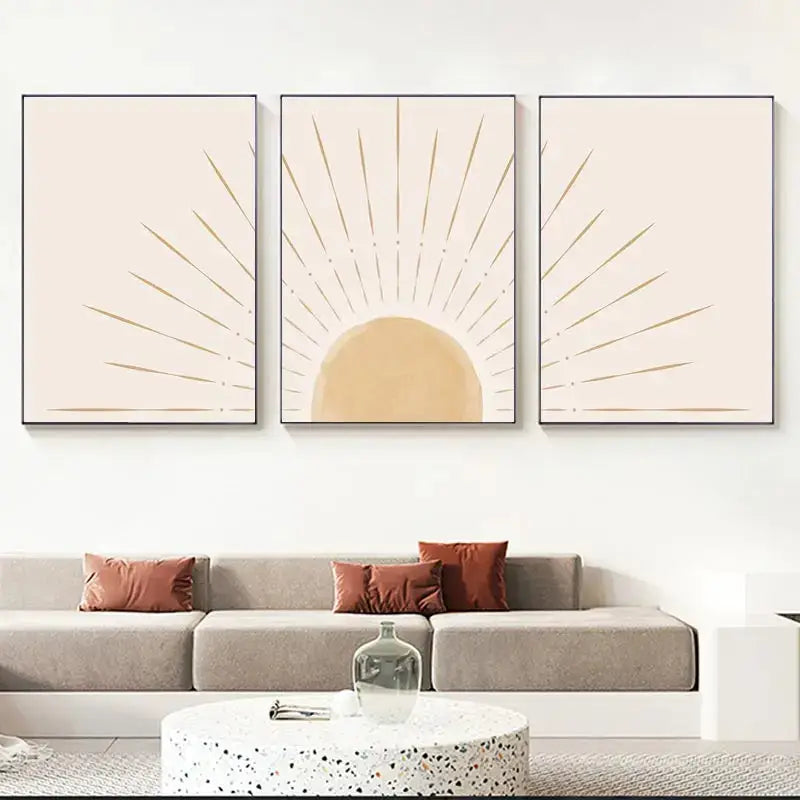 Minimalist DecorBites™ yellow sun rising horizon wall art with three beige and gold panels framed in sleek black