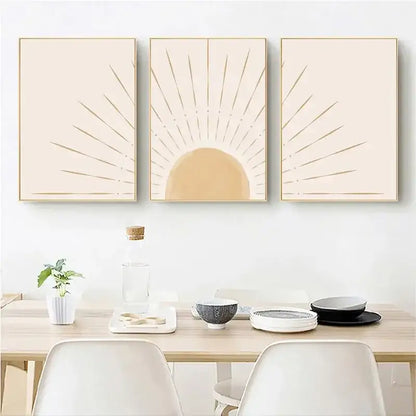 Set of three minimalist beige DecorBites™ sun rising horizon wall art panels with thin gold lines