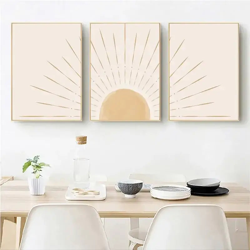 Set of three minimalist beige DecorBites™ sun rising horizon wall art panels with thin gold lines