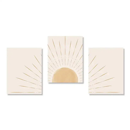 Set of three minimalist cream and gold sun rising horizon wall art panels from decorbites yellow sun rising horizon wall art