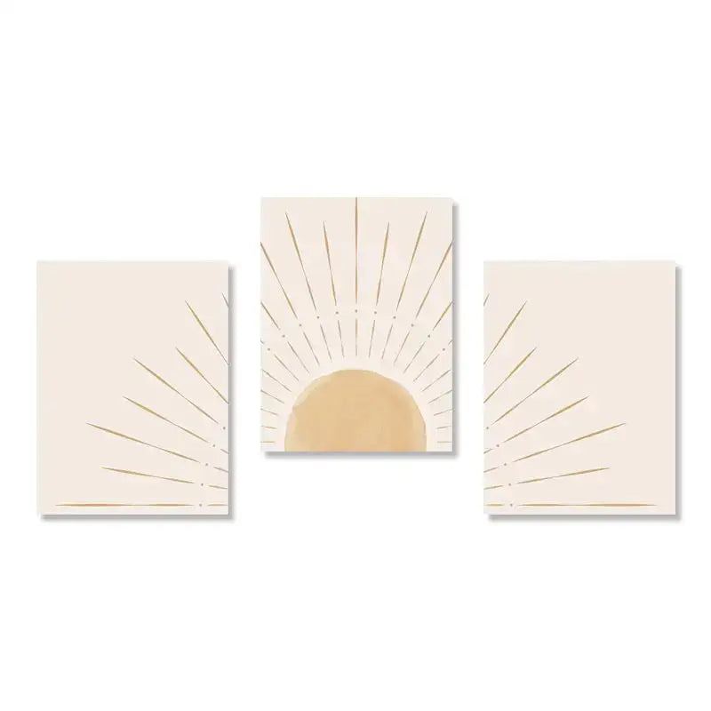 Set of three minimalist cream and gold sun rising horizon wall art panels from decorbites yellow sun rising horizon wall art