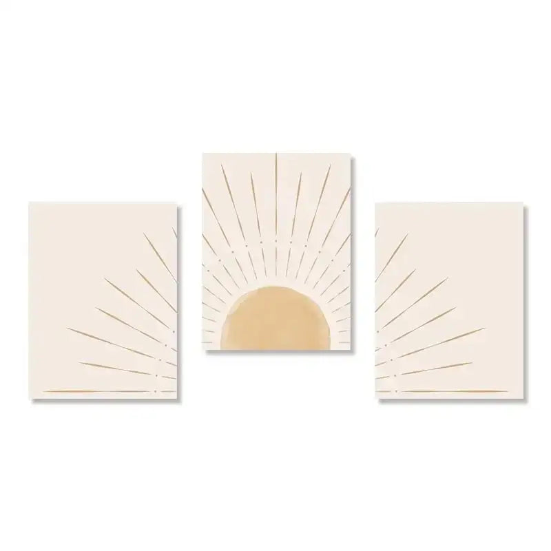 Set of three minimalist sun rising horizon wall art panels in cream and gold tones by DecorBites™