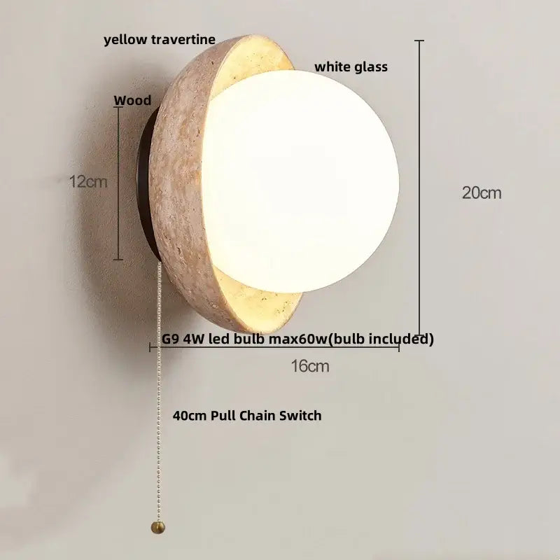 Modern wall sconce with yellow travertine and wood base featuring white glass globe and 40cm pull chain switch decorbites yellow travertine