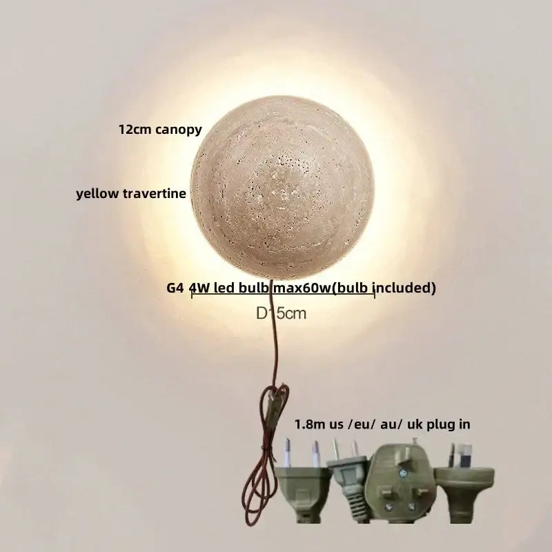 Modern yellow travertine wall sconce with round textured design 15cm diameter and 12cm canopy by decorbites yellow travertine