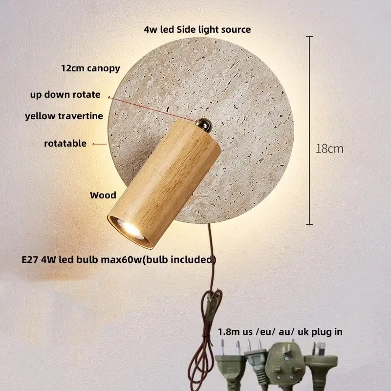 Modern yellow travertine wall sconce with a rustic wooden cylindrical lamp and 4w led light decorbites yellow travertine