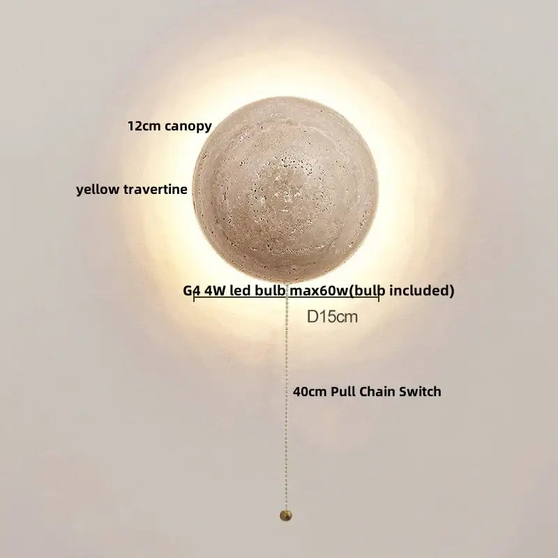 Modern yellow travertine wall sconce with textured round design and 12cm canopy and 40cm pull chain switch decorbites yellow travertine