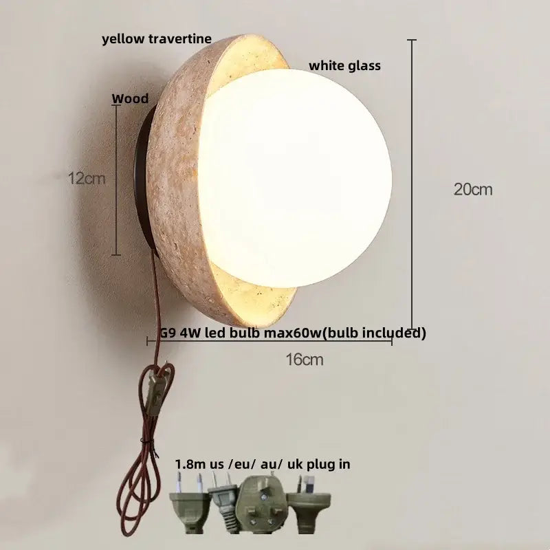 Modern wall sconce with yellow travertine half-sphere base and white glass globe bulb for bedroom decorbites yellow travertine
