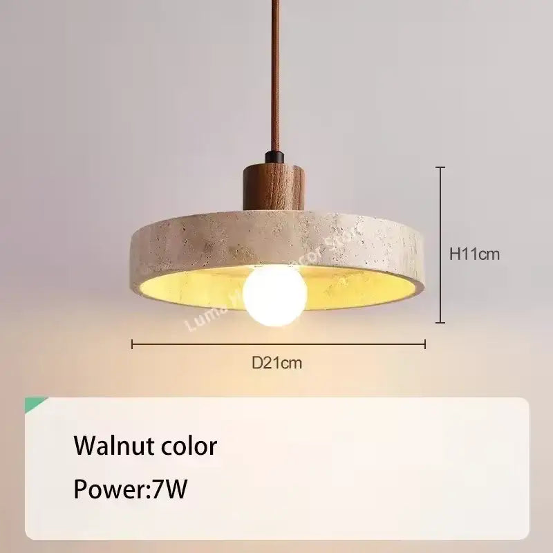 Decorbites yellow travertine pendant light with circular concrete stone pendant shade and walnut fixture for kitchen island