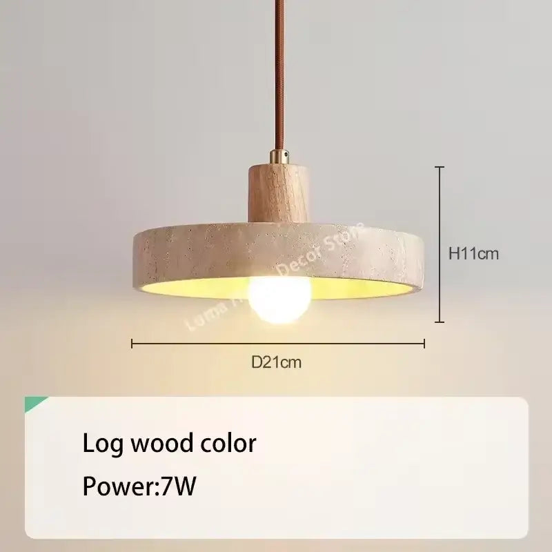 DecorBites yellow travertine pendant light with circular wooden shade and brown cord for kitchen island use
