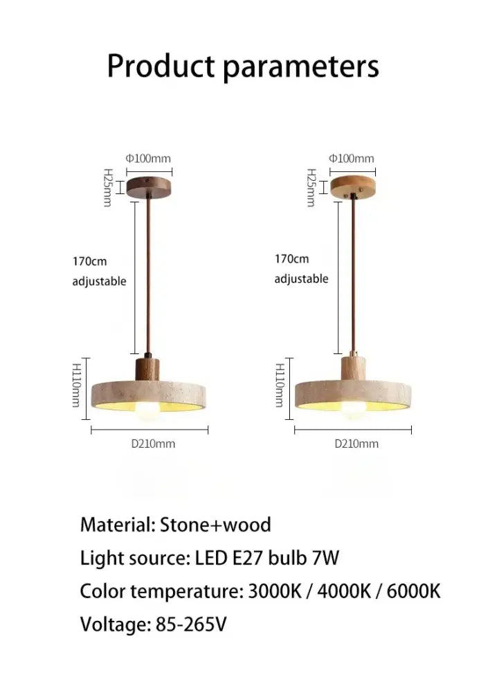 DecorBites yellow travertine stone pendant light with minimalist circular wood disc shade for kitchen island