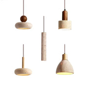 Decorbites yellow travertine pendant light is a minimalist stone pendant light with warm concrete and wood tones for kitchen islands