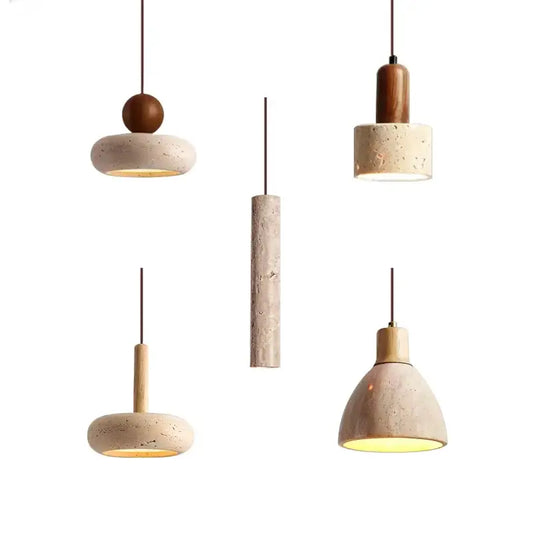 Decorbites yellow travertine pendant light is a minimalist stone pendant light with warm concrete and wood tones for kitchen islands