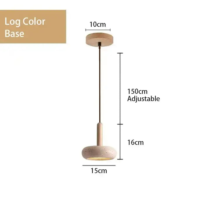 DecorBites™ yellow travertine pendant light with natural wood base and off-white stone pendant shade for kitchen island
