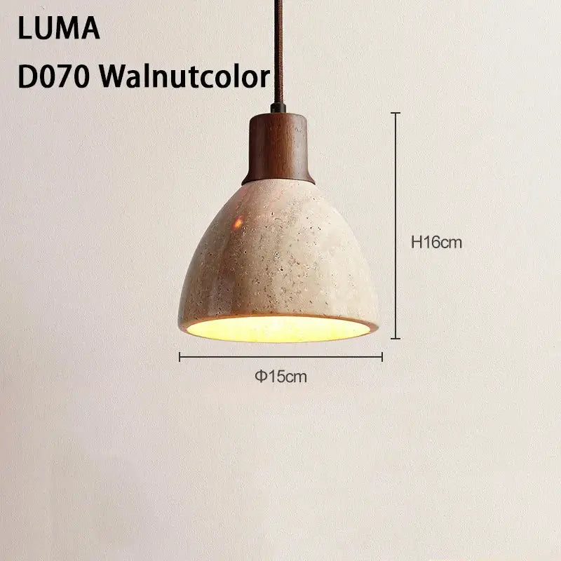 DecorBites yellow travertine pendant light with walnut wood top and speckled beige stone pendant shade for kitchen island