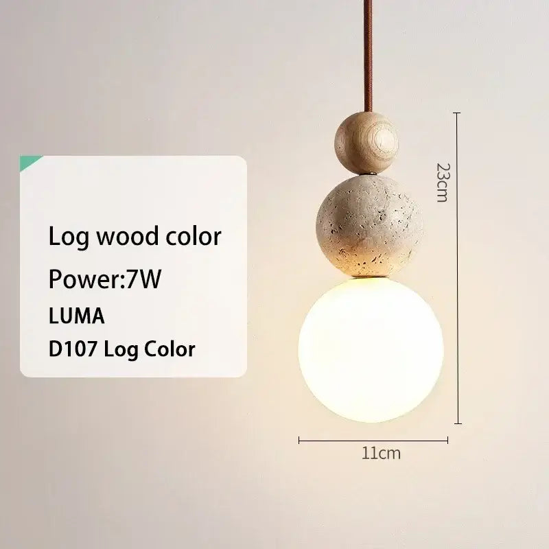 DecorBites™ yellow travertine pendant light with wooden, concrete, and frosted glass spheres for kitchen island lighting stone pendant light