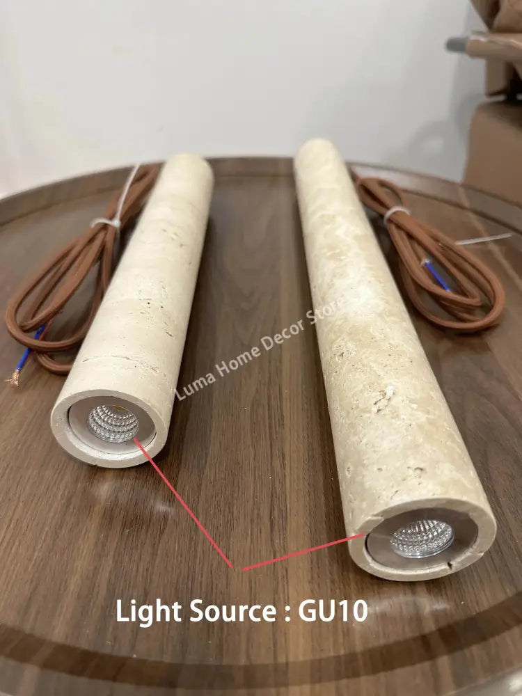Two beige stone pendant lights with gu10 bulbs decorbite™ yellow travertine pendant light for kitchen island