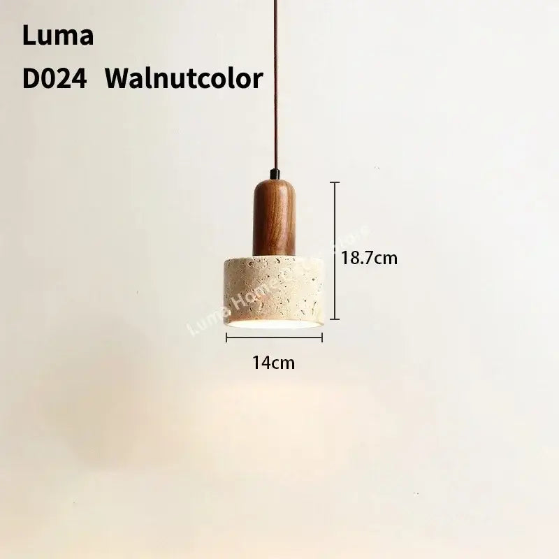 DecorBites™ yellow travertine pendant light with walnut stone pendant featuring a wooden cylindrical top and concrete base