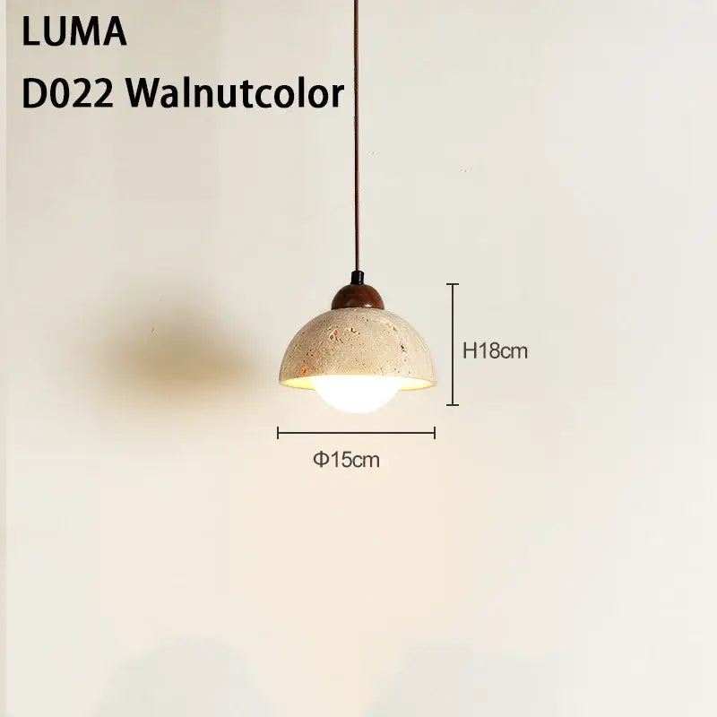Decorbites yellow travertine pendant light with walnut-colored luma d022 stone pendant and brass hardware for kitchen island