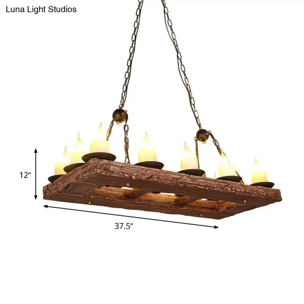Rustic brown wooden pallet chandelier with six glowing candle style e12 e14 lights for decorbites yellow wood island pendant light