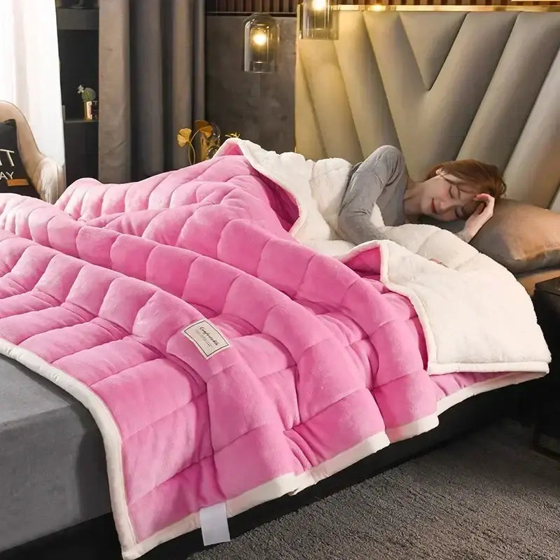 Deep blue and white cozy flannel fleece bedroom quilt with pink and white quilted plush velour texture decorbites cozy flannel