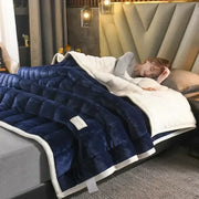 Deep blue and white cozy flannel fleece bedroom quilt with soft white fleece interior and stitched diamond pattern decorbites cozy flannel