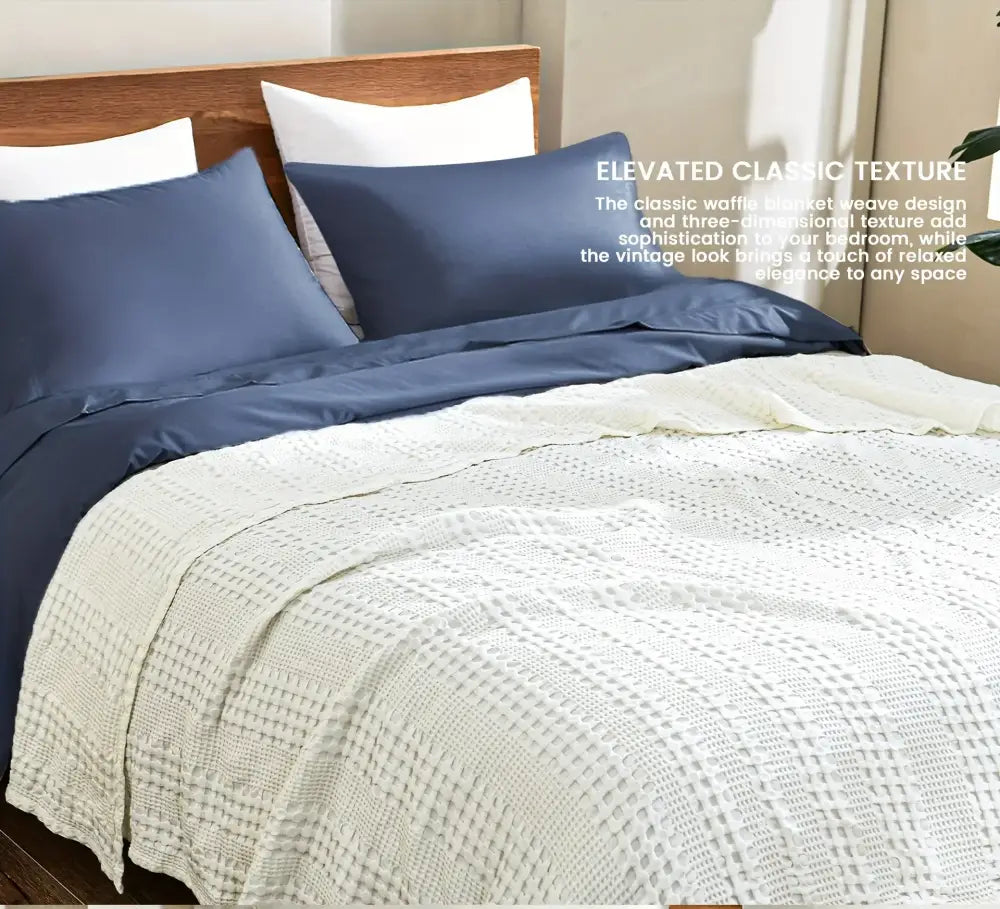 Cream-colored bamboo cotton waffle blanket with textured three-dimensional pattern for lightweight decorbites throw