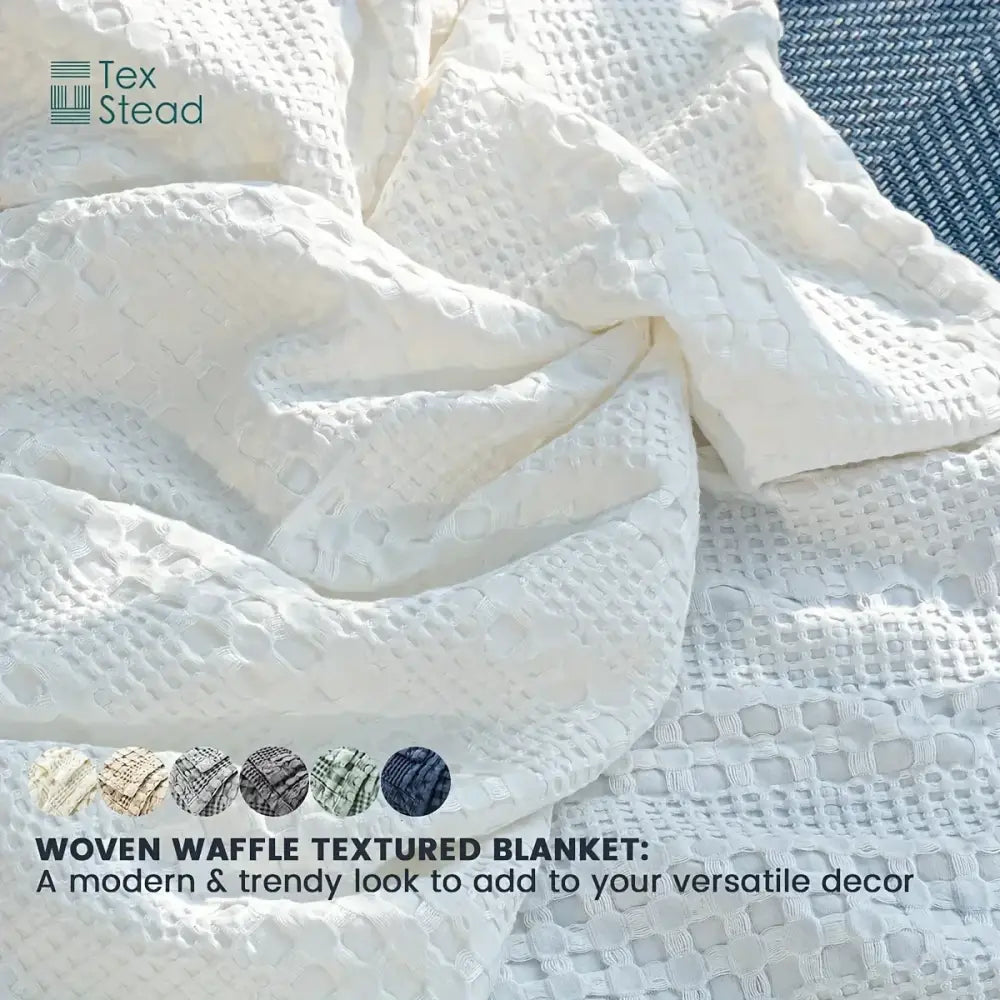 White woven cotton waffle blanket with soft plush feel and modern design for decorbites bamboo cotton bedroom use
