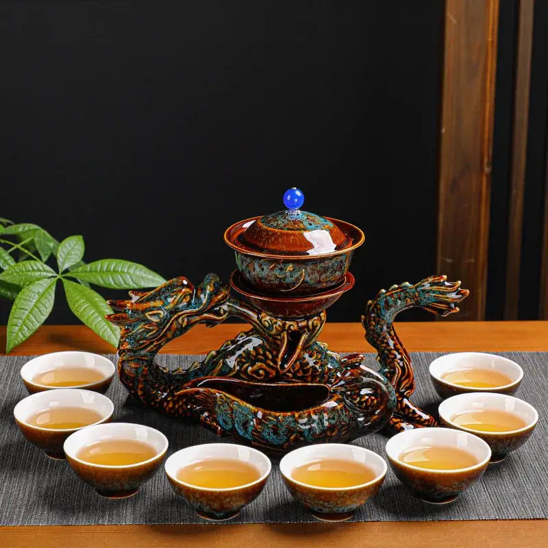 A ceramic dragon kung fu tea set with a glossy iridescent brown and teal glaze for deep blue decorbites tea set decor