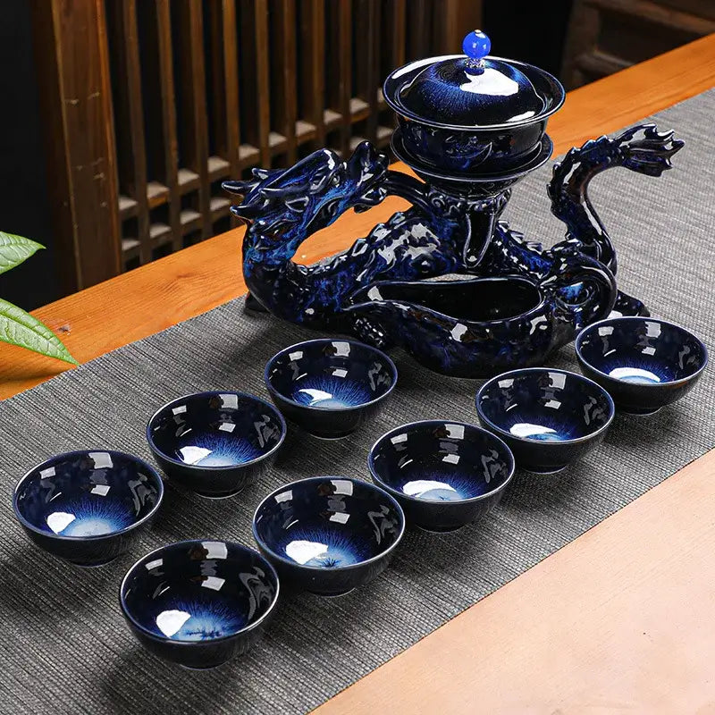 Deep blue ceramic dragon kung fu tea set with glossy glaze and matching cups for dining room decorbites dragon kung use