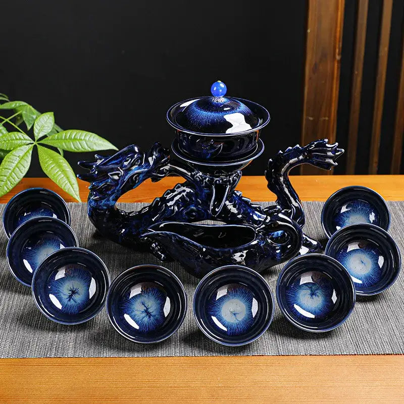 Deep blue ceramic dragon kung fu tea set with glossy glaze and intricate detailing ideal for dining room decorbites decor