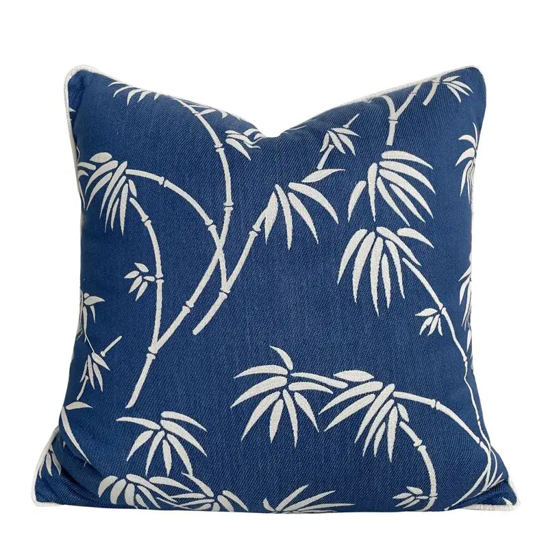 Deep blue geometric jacquard cushion cover with white bamboo leaf pattern for living room decorbites geometric jacquard decor