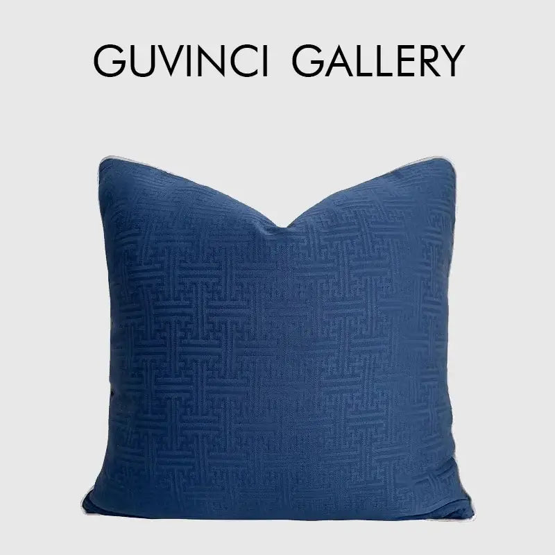 Deep blue geometric jacquard cushion cover with subtle woven pattern for living room decor by decorbites