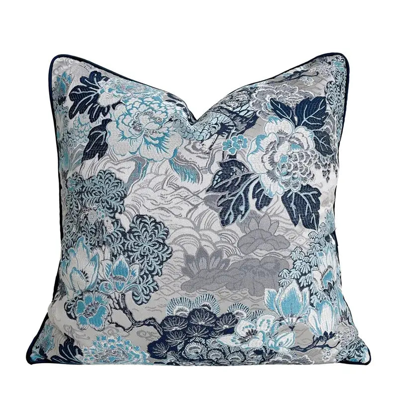 Deep blue geometric jacquard cushion cover with intricate teal navy blue and gray floral embroidery for living room decor