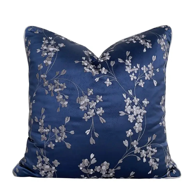 Deep blue satin cushion cover with delicate silver floral embroidery for elegant decorbites geometric jacquard decor