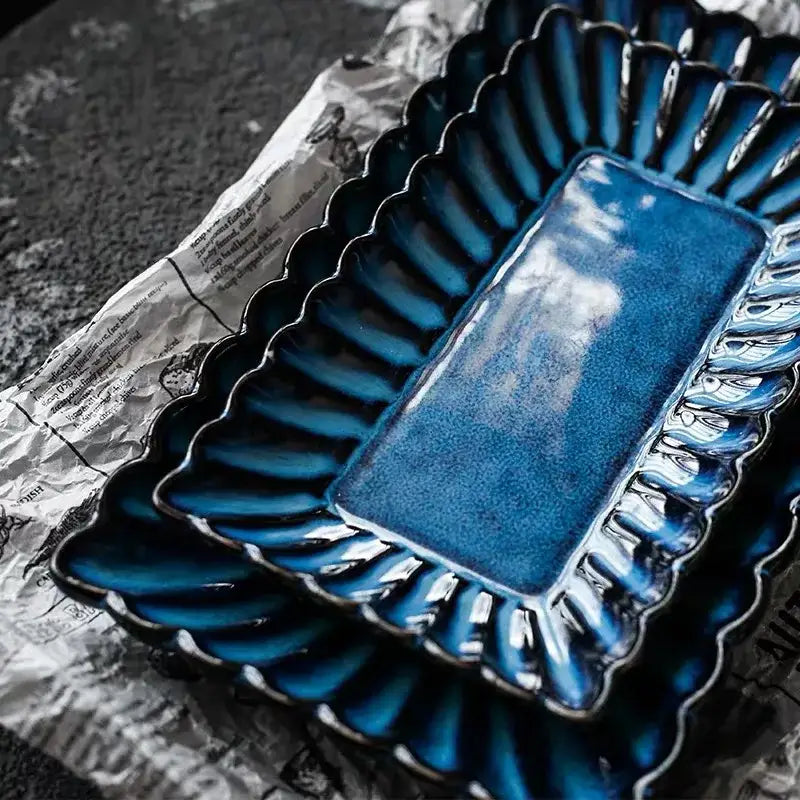 Deep blue klin glazed ceramic rectangle sushi tray with glossy scalloped edges for elegant dining decorbites klin glazed
