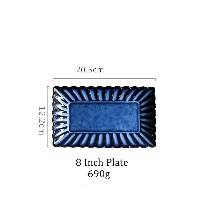 Deep blue klin glazed ceramic rectangle sushi tray with textured scalloped edge and smooth center for dining room decorbites klin glazed